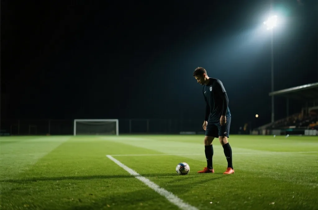 球员在夜间球场独自训练，灯光下沉思与汗水交织
